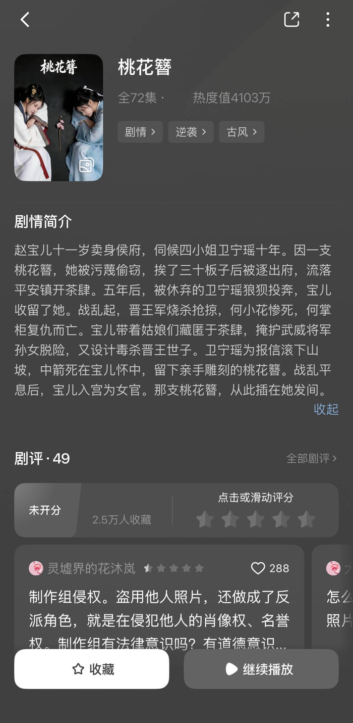 在短剧平台,《桃花簪》的热度超过4000万。 图源:平台截图